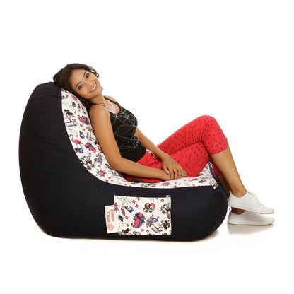 Style Homez Urban Design Denim Canvas Abstract Printed Bean Bag XXL Size Filled with Beans Fillers
