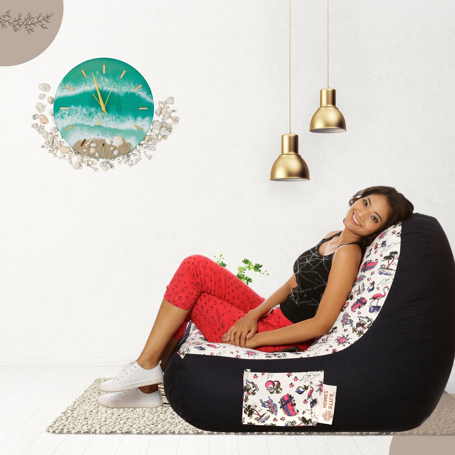 Style Homez Urban Design Denim Canvas Abstract Printed Bean Bag XXL Size Filled with Beans Fillers