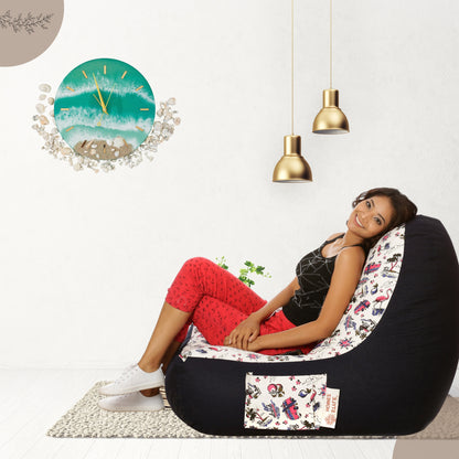Style Homez Urban Design Denim Canvas Abstract Printed Bean Bag XXL Size Filled with Beans Fillers