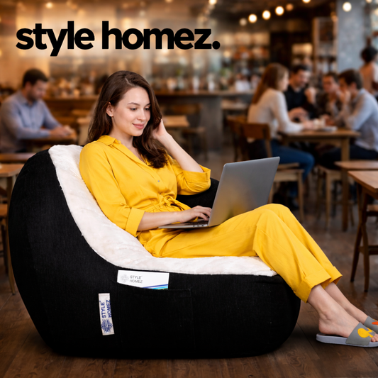 Style Homez Urban Design LUXE FUR Velvet Chair Bean Bag XXL Size, Black & White FUR Filled with Beans Fillers