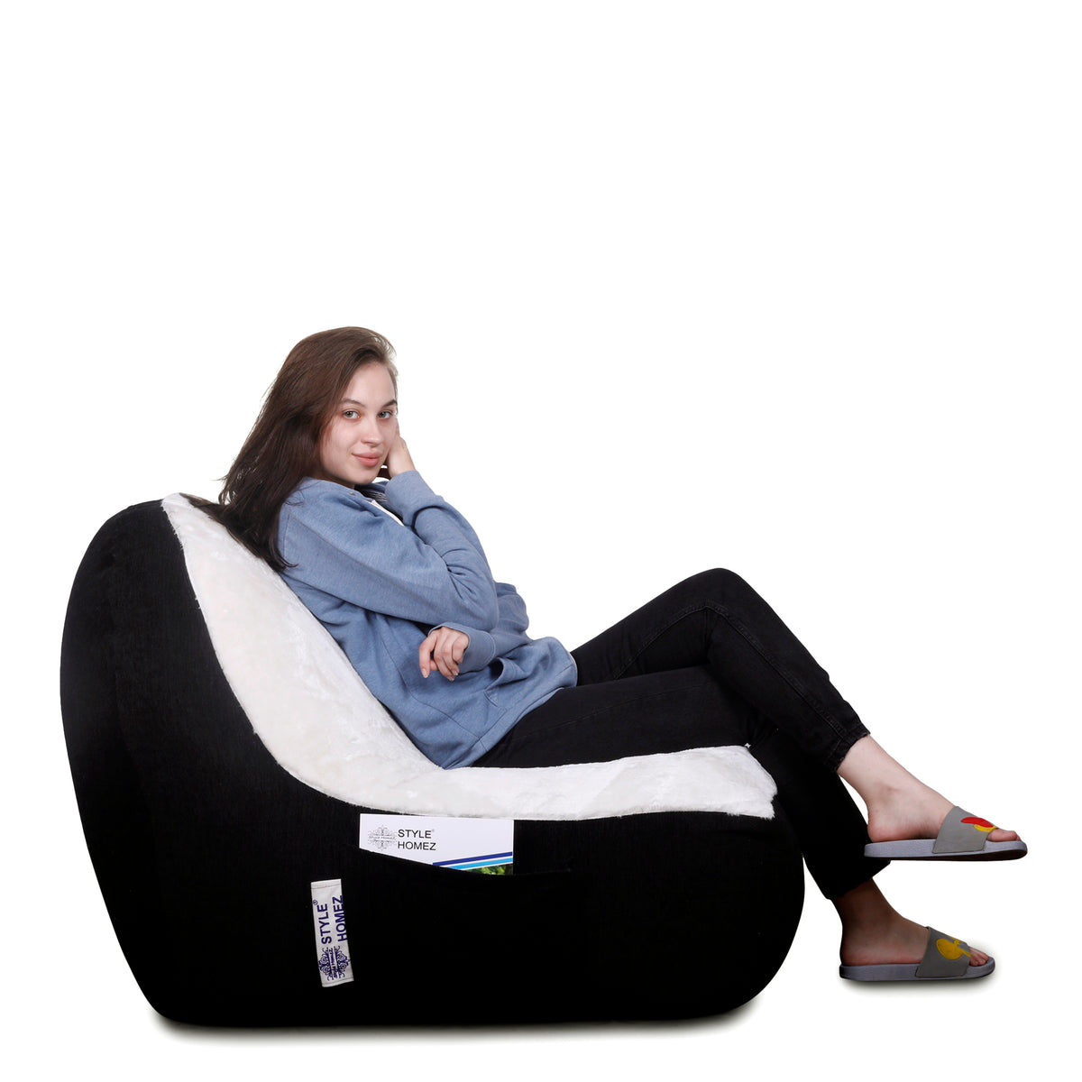 Style Homez Urban Design LUXE FUR Velvet Chair Bean Bag XXL Size, Black & White FUR Filled with Beans Fillers