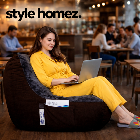 Style Homez Urban Design LUXE FUR Velvet Chair Bean Bag XXL Size, Shade Brown & GREY FUR Filled with Beans Fillers