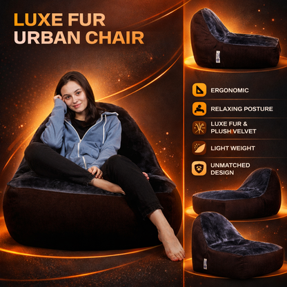 Style Homez Urban Design LUXE FUR Velvet Chair Bean Bag XXL Size, Shade Brown & GREY FUR Filled with Beans Fillers