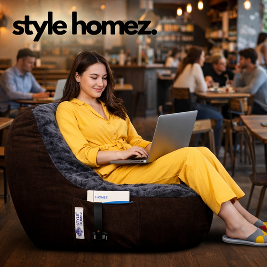Style Homez Urban Design LUXE FUR Velvet Chair Bean Bag XXL Size, Gold Medallion & GREY FUR Filled with Beans Fillers