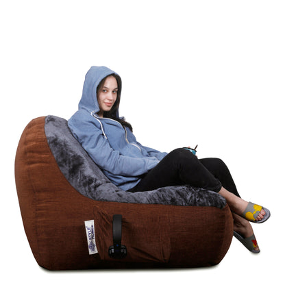 Style Homez Urban Design LUXE FUR Velvet Chair Bean Bag XXL Size, Gold Medallion & GREY FUR Filled with Beans Fillers
