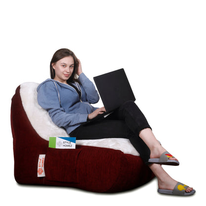 Style Homez Urban Design LUXE FUR Velvet Chair Bean Bag XXL Size, Maroon & White FUR Filled with Beans Fillers