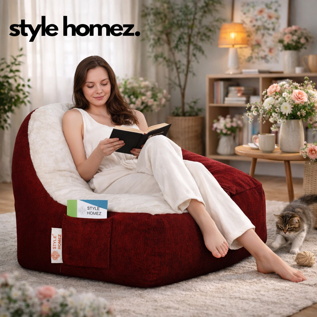 Style Homez Urban Design LUXE FUR Velvet Chair Bean Bag XXL Size, Maroon & White FUR Filled with Beans Fillers