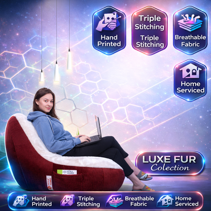 Style Homez Urban Design LUXE FUR Velvet Chair Bean Bag XXL Size, Maroon & White FUR Filled with Beans Fillers