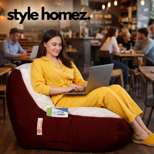 Style Homez Urban Design LUXE FUR Velvet Chair Bean Bag XXL Size, Maroon & White FUR Filled with Beans Fillers