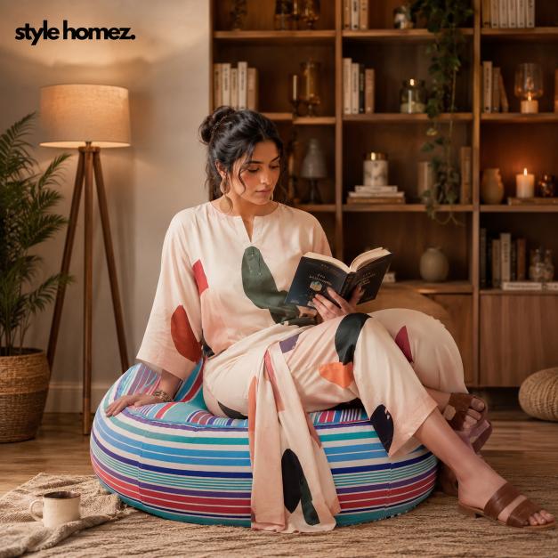 Style Homez Cotton Canvas Stripes Printed Round Floor Cushion XL Size Cover Only
