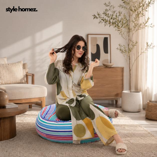 Style Homez Cotton Canvas Stripes Printed Round Floor Cushion XL Size Cover Only