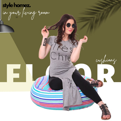 Style Homez Cotton Canvas Stripes Printed Round Floor Cushion XL Size Cover Only