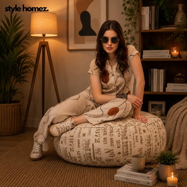 Style Homez Cotton Canvas Abstract Printed Round Floor Cushion XL Size Cover Only
