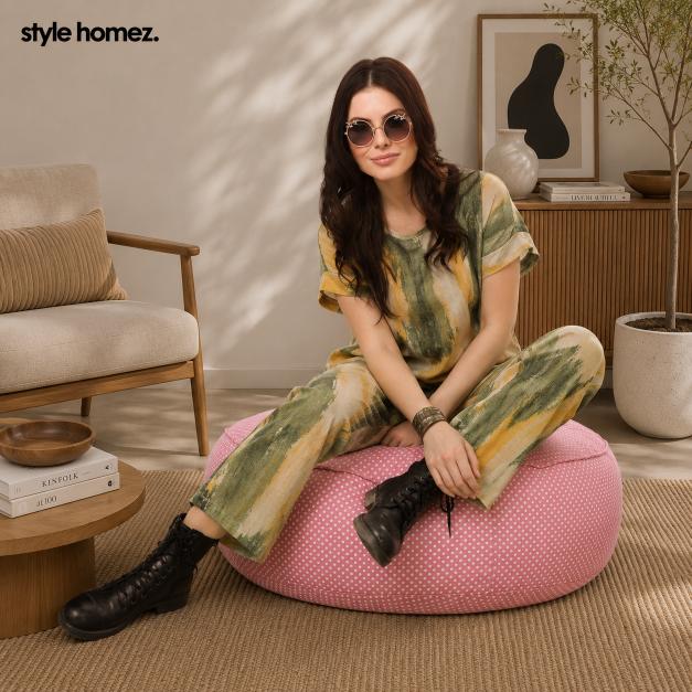 Style Homez Cotton Canvas Polka Dots Printed Round Floor Cushion XL Size Cover Only