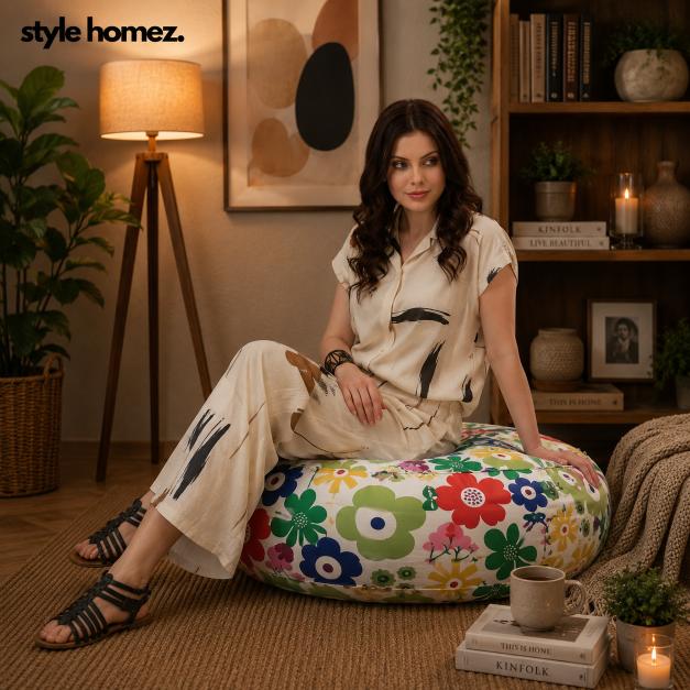 Style Homez Cotton Canvas Floral Printed Round Floor Cushion XL Size Cover Only