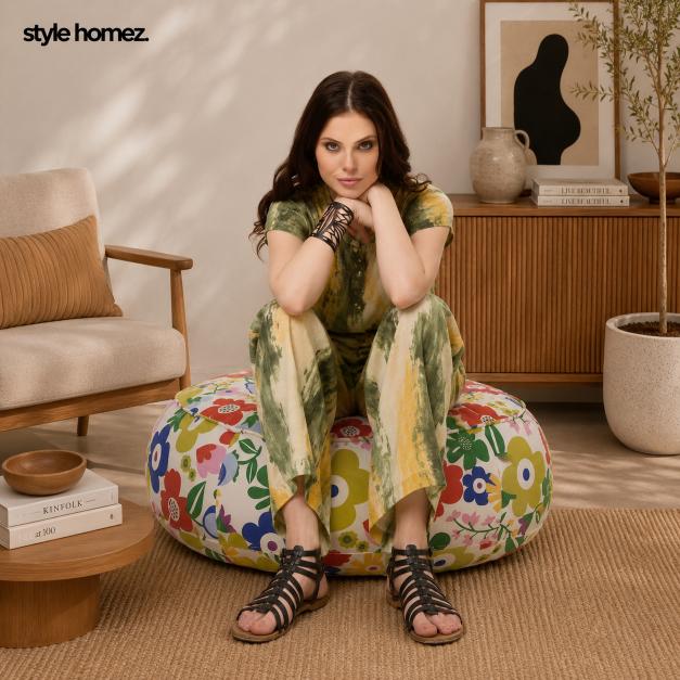 Style Homez Cotton Canvas Floral Printed Round Floor Cushion XL Size Cover Only