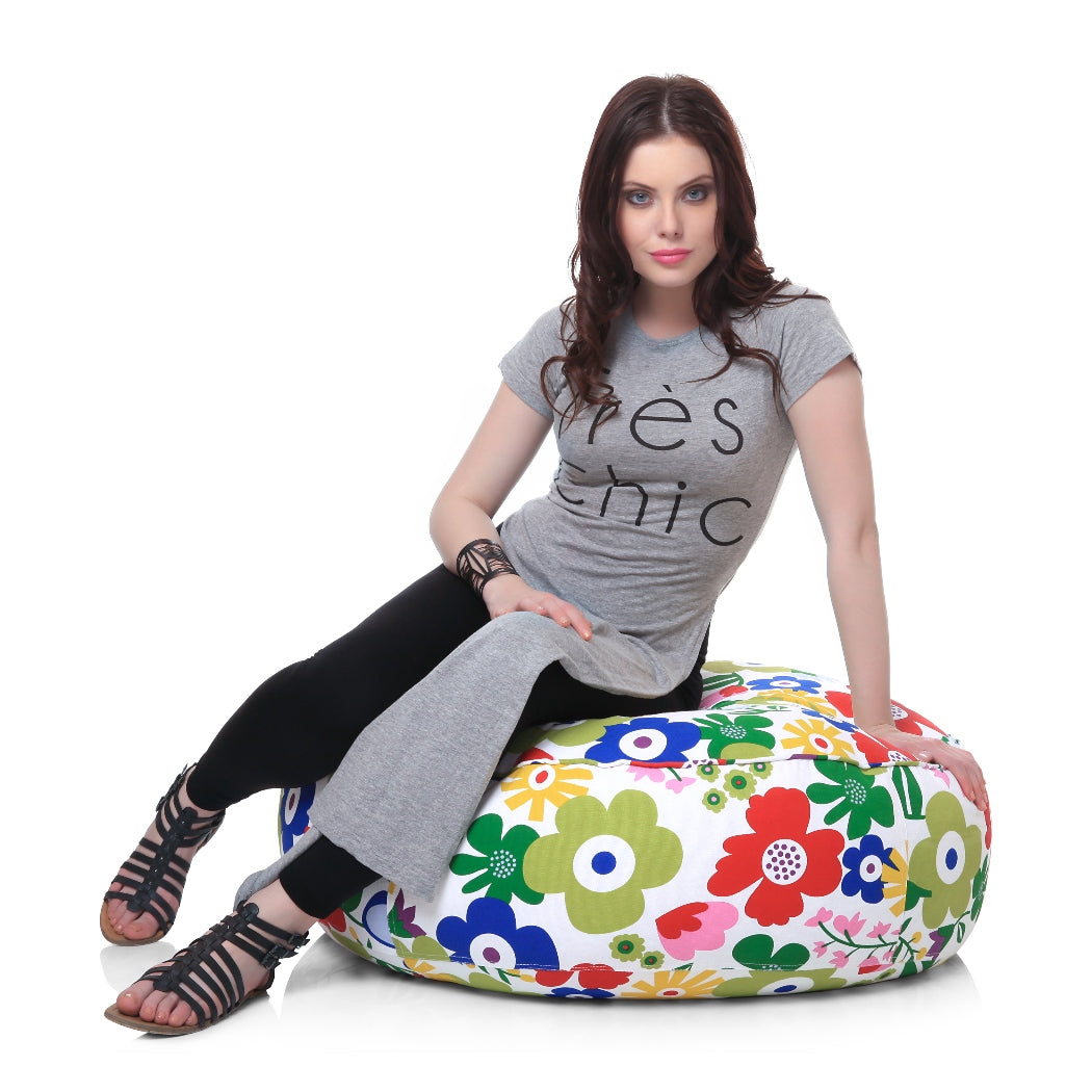 Style Homez Cotton Canvas Floral Printed Round Floor Cushion XL Size Cover Only