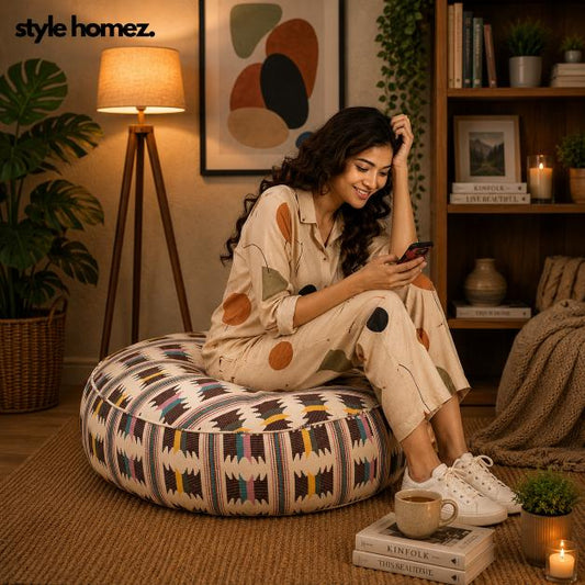 Style Homez  Cotton Canvas IKAT Printed Round Floor Cushion XL Size Cover Only