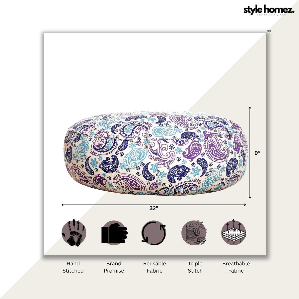 Style Homez  Cotton Canvas Paisley Printed Round Floor Cushion XL Size Cover Only
