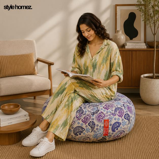 Style Homez  Cotton Canvas Paisley Printed Round Floor Cushion XL Size Cover Only