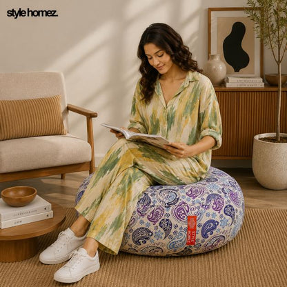 Style Homez  Cotton Canvas Paisley Printed Round Floor Cushion XL Size Cover Only