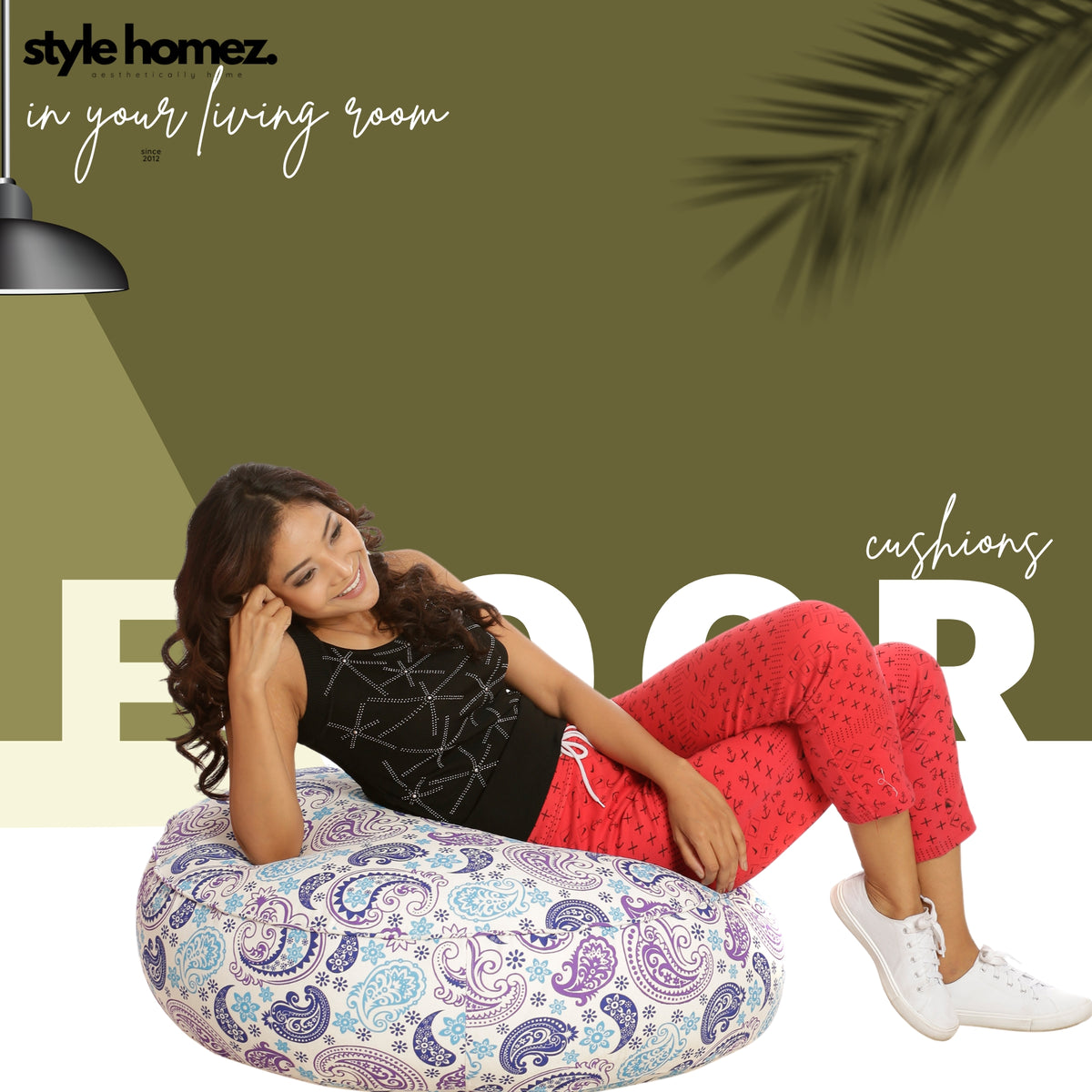 Style Homez  Cotton Canvas Paisley Printed Round Floor Cushion XL Size Cover Only