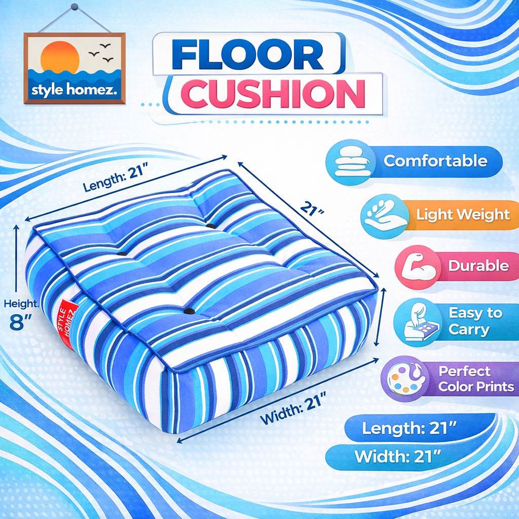 Style Homez Premium Cotton Canvas Square Floor Cushion, Stripes Pattern Printed Large Size with Cotton Filling
