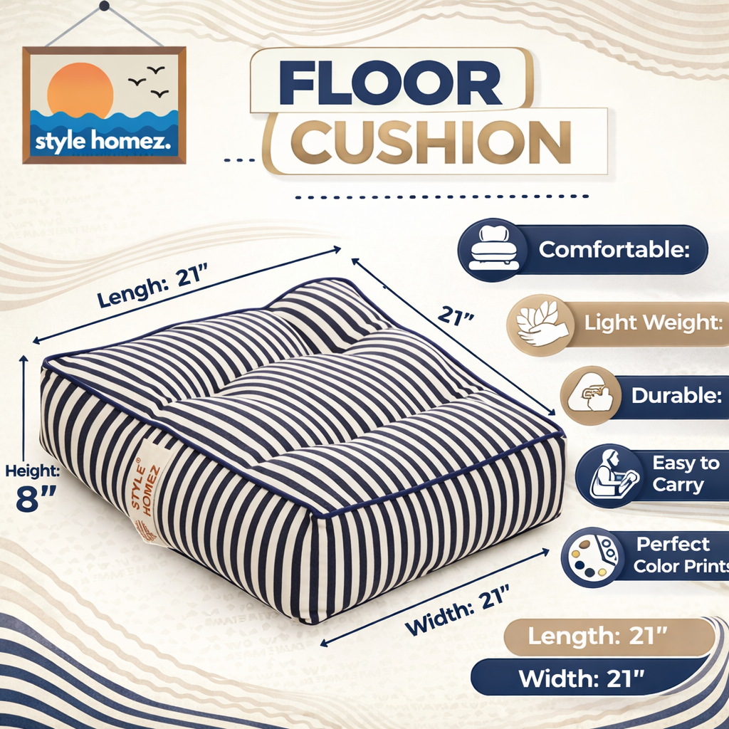 Style Homez Premium Cotton Canvas Square Floor Cushion, Stripes Design Printed Large Size with Cotton Filling