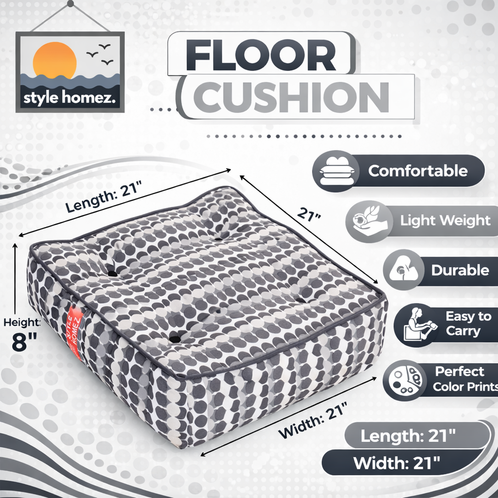 Style Homez Premium Cotton Canvas Square Floor Cushion, Polka Dot Printed Large Size with Cotton Filling