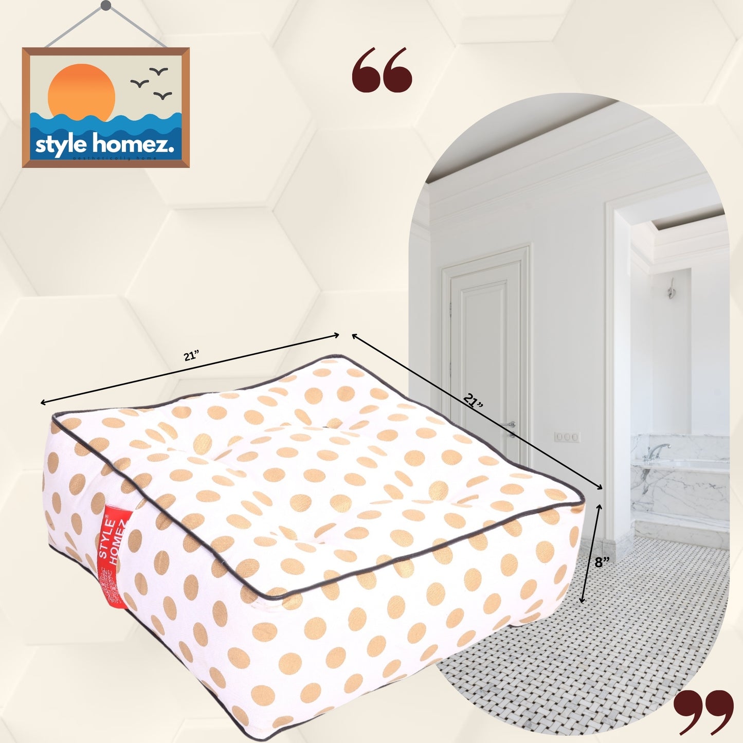 Style Homez Premium Cotton Canvas Square Floor Cushion, Polka Dots Pattern Large Size with Cotton Filling