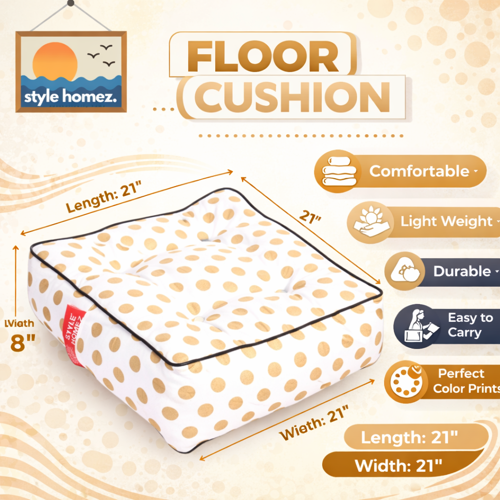 Style Homez Premium Cotton Canvas Square Floor Cushion, Polka Dots Pattern Large Size with Cotton Filling