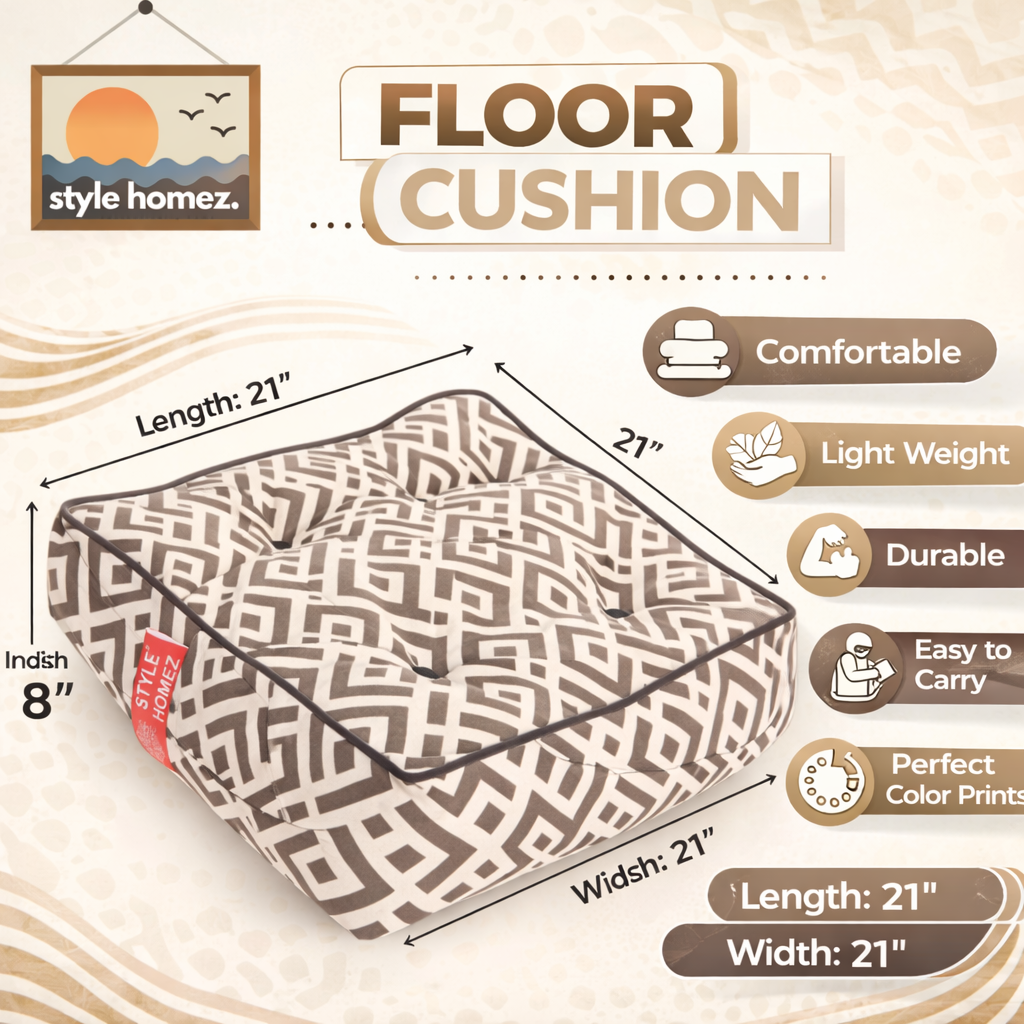 Style Homez Premium Cotton Canvas Square Floor Cushion, Geometric Print Large Size with Cotton Filling