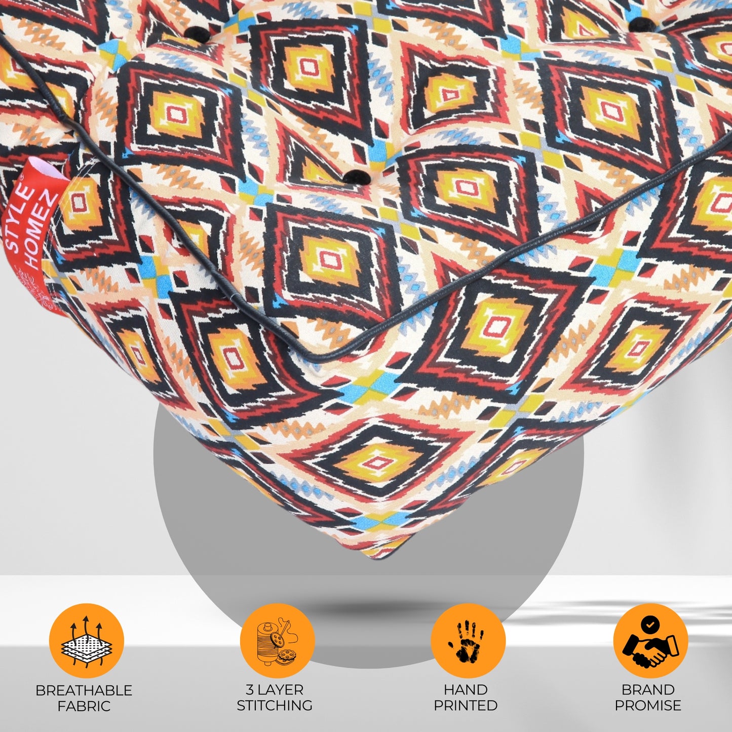 Style Homez Premium Cotton Canvas Square Floor Cushion, Geometric Pattern Printed Large Size with Cotton Filling