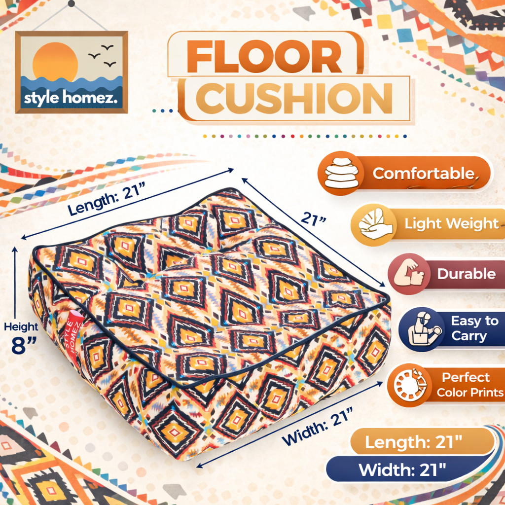 Style Homez Premium Cotton Canvas Square Floor Cushion, Geometric Pattern Printed Large Size with Cotton Filling