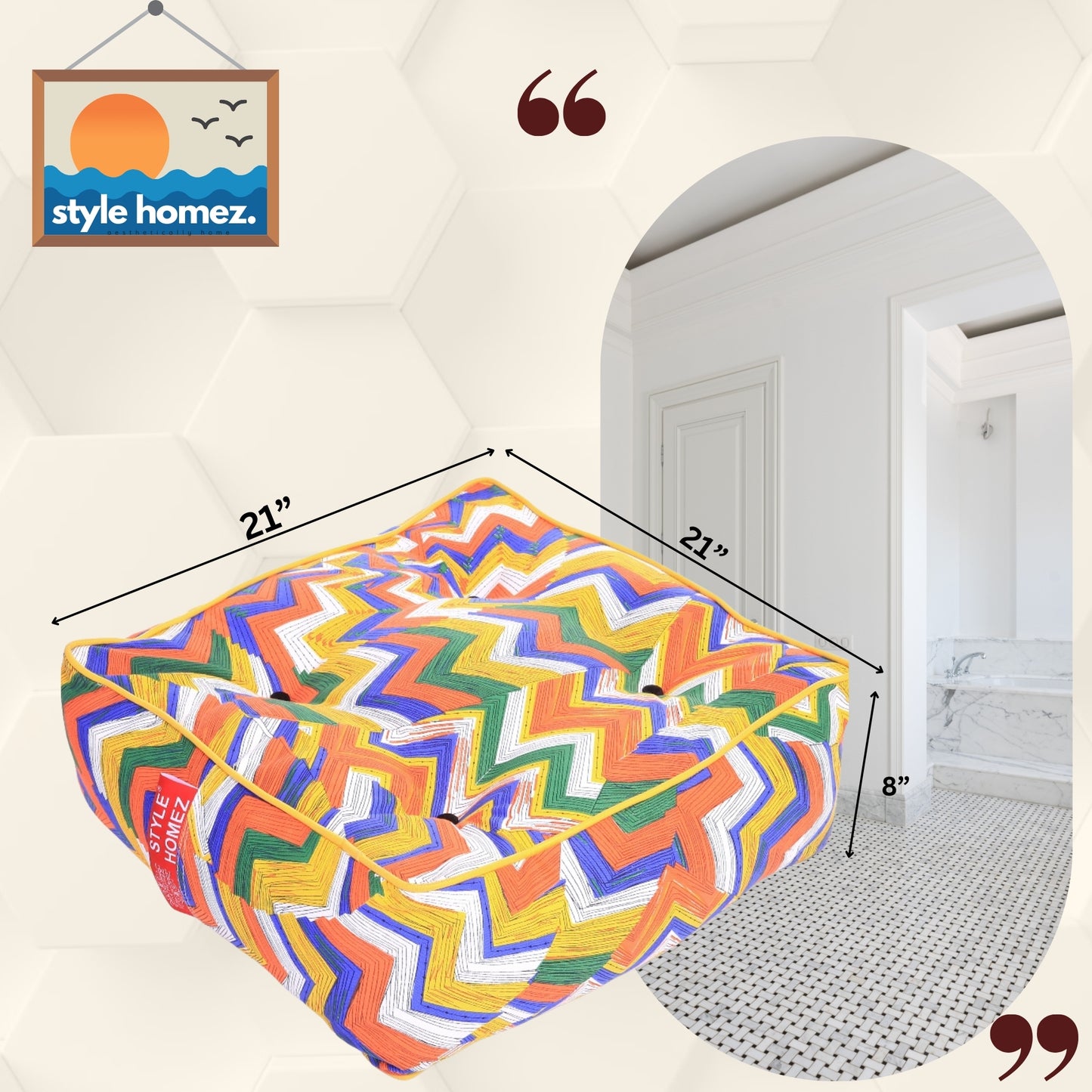 Style Homez Premium Cotton Canvas Square Floor Cushion, Geometric Design Printed Large Size with Cotton Filling
