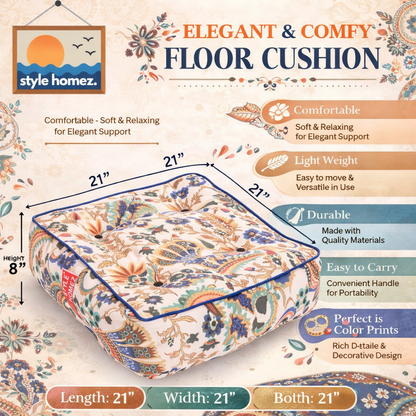 Style Homez Premium Cotton Canvas Square Floor Cushion, Floral Printed Large Size with Cotton Filling