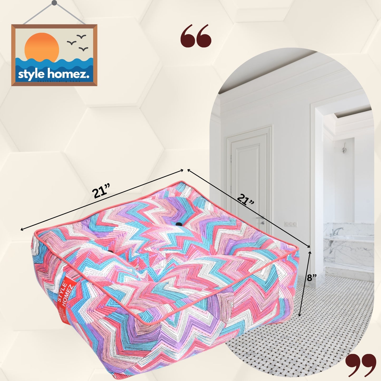 Style Homez Premium Cotton Canvas Square Floor Cushion, Geometric Printed Large Size with Cotton Filling