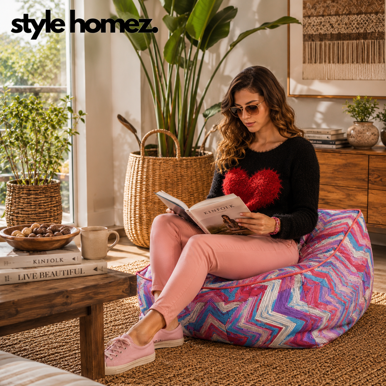 Style Homez Premium Cotton Canvas Square Floor Cushion, Geometric Printed Large Size with Cotton Filling