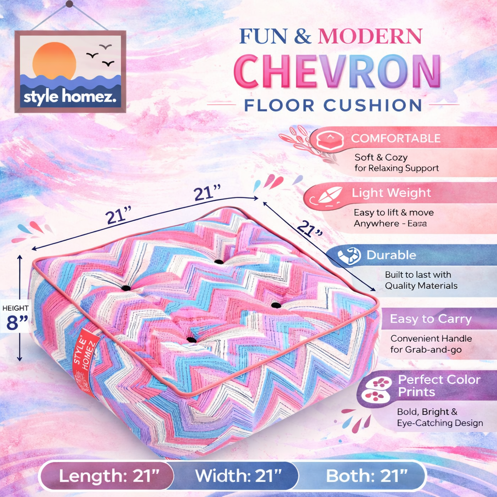 Style Homez Premium Cotton Canvas Square Floor Cushion, Geometric Printed Large Size with Cotton Filling