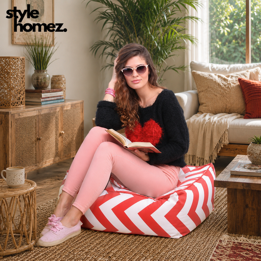 Style Homez Premium Cotton Canvas Square Floor Cushion, Stripes Printed Large Size with Cotton Filling