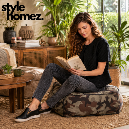 Style Homez Premium Cotton Canvas Square Floor Cushion, Camouflage Printed Large Size with Cotton Filling