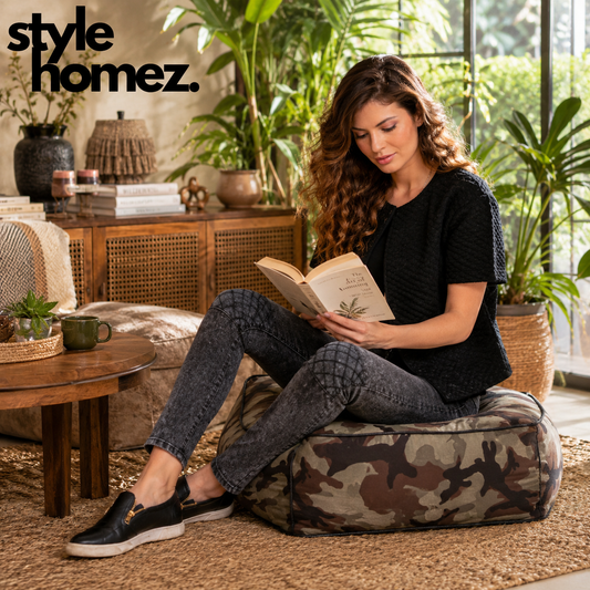 Style Homez Premium Cotton Canvas Square Floor Cushion, Camouflage Printed Large Size with Cotton Filling