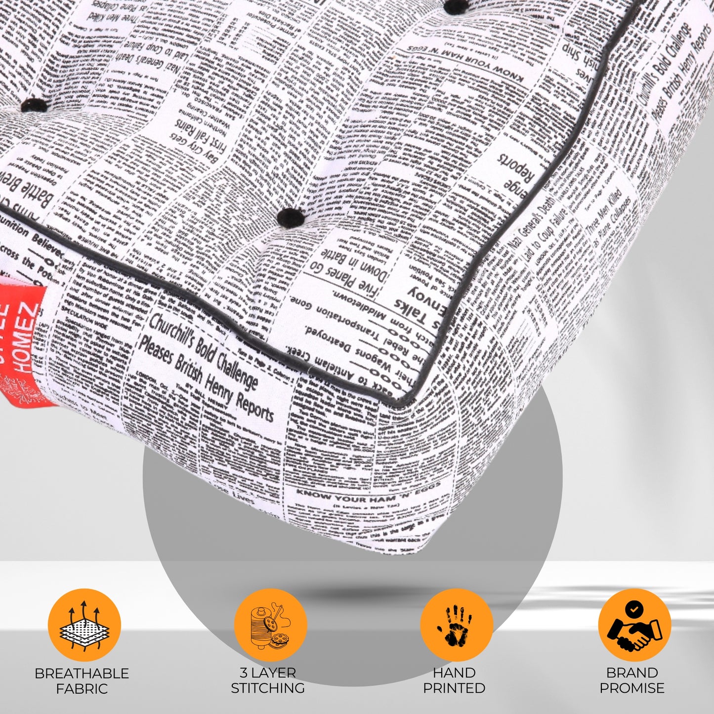 Style Homez Premium Cotton Canvas Square Floor Cushion, Newspaper Printed Large Size with Cotton Filling