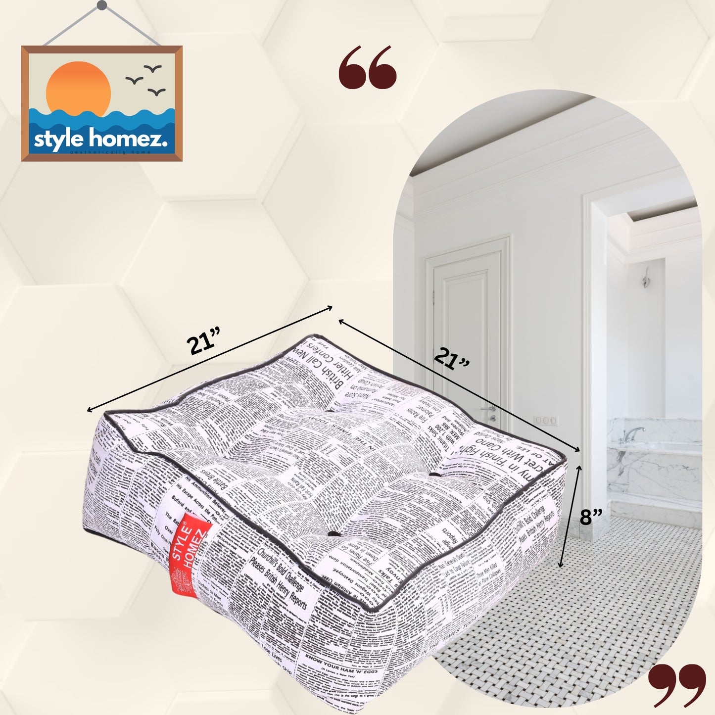 Style Homez Premium Cotton Canvas Square Floor Cushion, Newspaper Printed Large Size with Cotton Filling