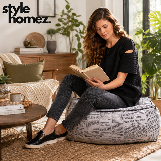 Style Homez Premium Cotton Canvas Square Floor Cushion, Newspaper Printed Large Size with Cotton Filling