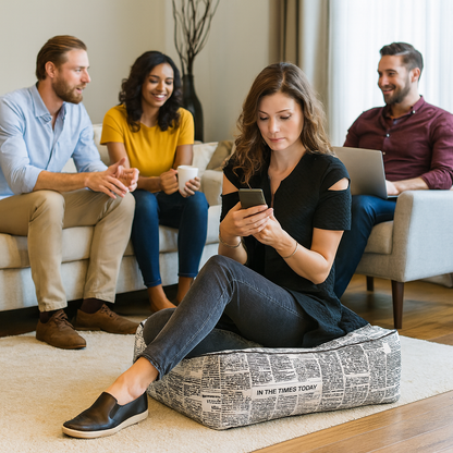 Style Homez Premium Cotton Canvas Square Floor Cushion, Newspaper Printed Large Size with Cotton Filling