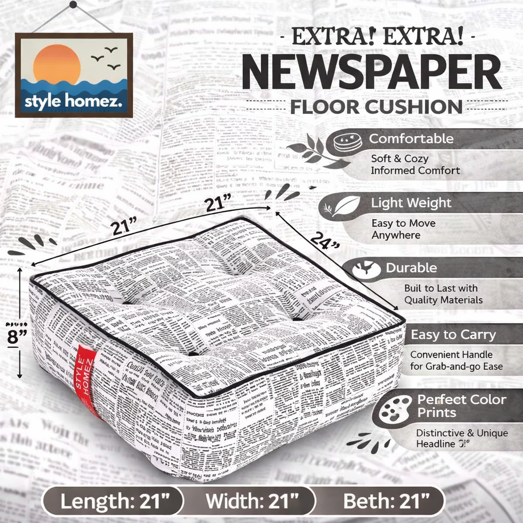 Style Homez Premium Cotton Canvas Square Floor Cushion, Newspaper Printed Large Size with Cotton Filling