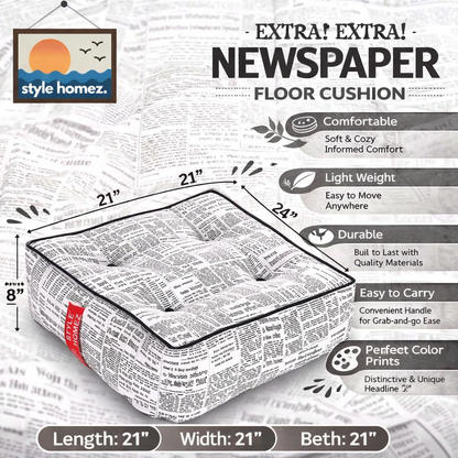 Style Homez Premium Cotton Canvas Square Floor Cushion, Newspaper Printed Large Size with Cotton Filling