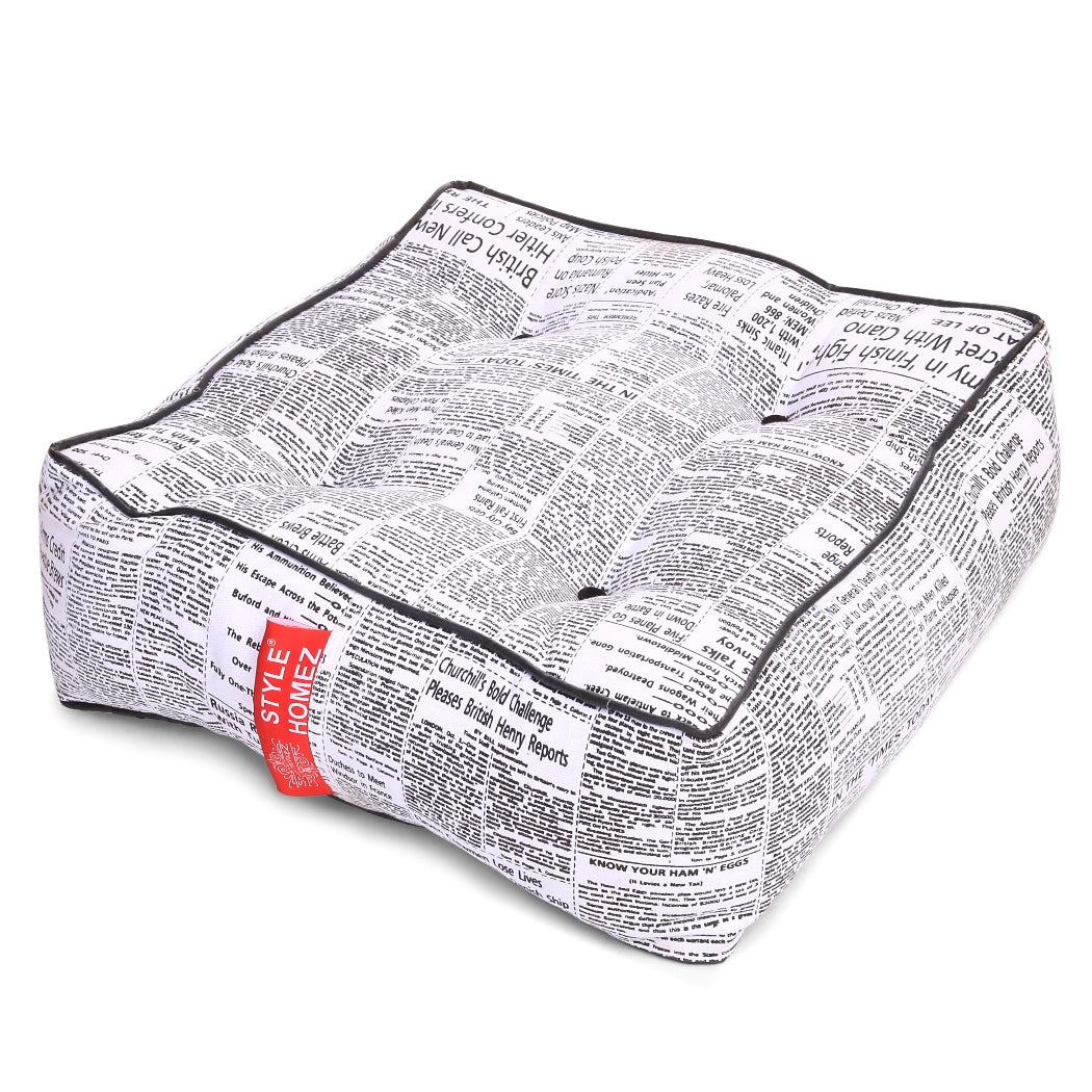 Style Homez Premium Cotton Canvas Square Floor Cushion, Newspaper Printed Large Size with Cotton Filling