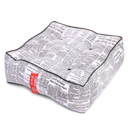 Style Homez Premium Cotton Canvas Square Floor Cushion, Newspaper Printed Large Size with Cotton Filling
